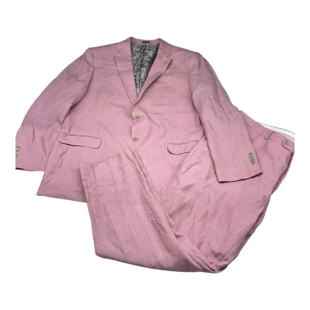 Joseph Abboud Men’s 2 Piece Pink 100% Linen Suit 48R 42x30 Summer Wedding Casual